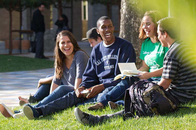 Group of students sitting on lawn socializing